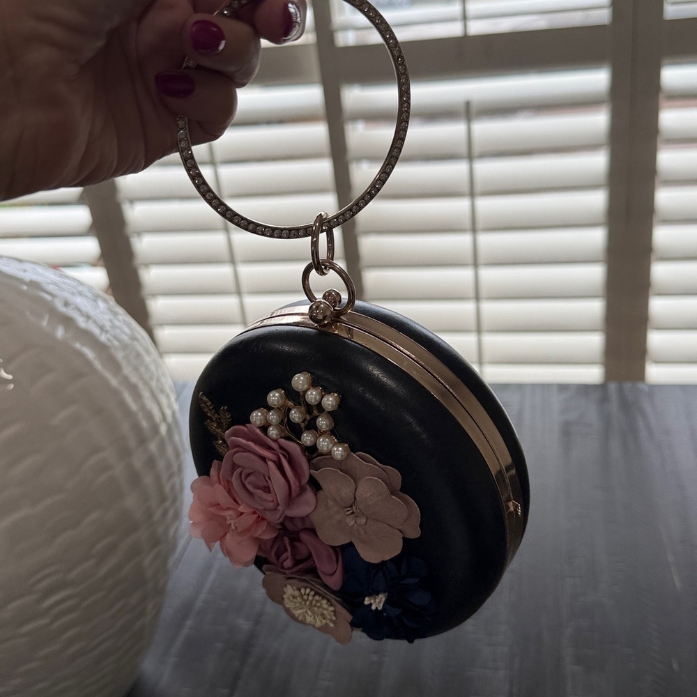 Floral Embellished Black Round Clutch